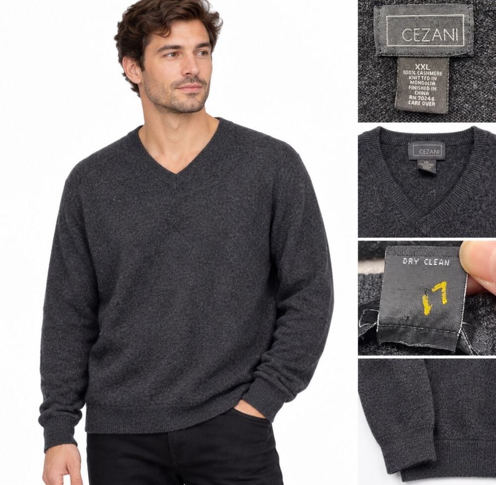 Old Money Preppy Cezani V-Neck Sweater XXL Charcoal Gray Cashmere Cozy Casual